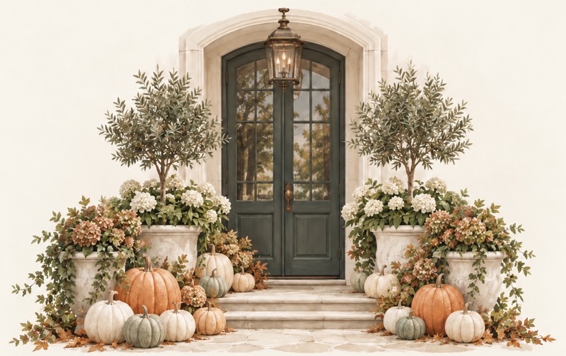 Watercolor of an arched green front door with a brass lantern, flanked by olive topiaries, hydrangea-filled stone urns, and heirloom pumpkins on limestone steps