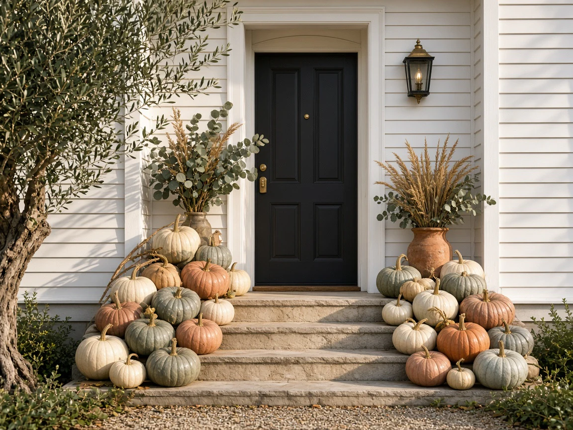 A white cottage entry with a black front door and stone steps lined with cream, sage, and terracotta heirloom pumpkins, eucalyptus, and dried wheat