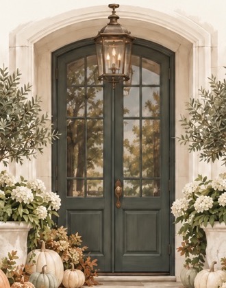 A green arched double door framed by olive topiaries, white hydrangeas, and heirloom pumpkins