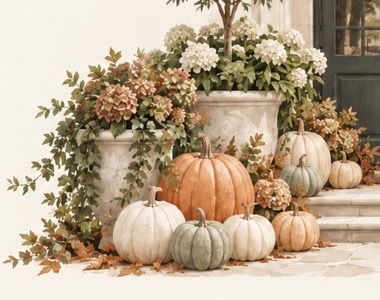 Cascading hydrangeas in stone planters with pumpkins arranged along a limestone step