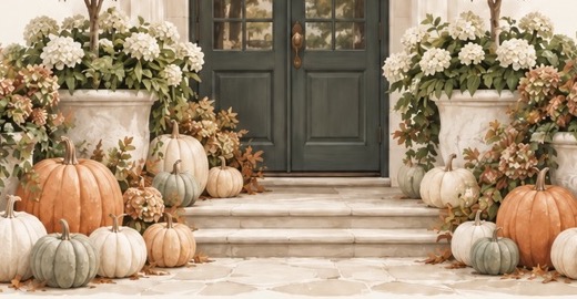 Limestone steps lined with heirloom pumpkins in terracotta, sage, and cream beneath hydrangea-filled urns