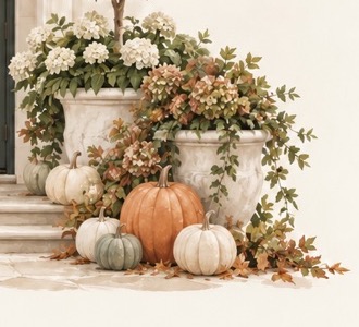 Stone urns overflowing with hydrangea and ivy beside a cluster of cream and terracotta pumpkins